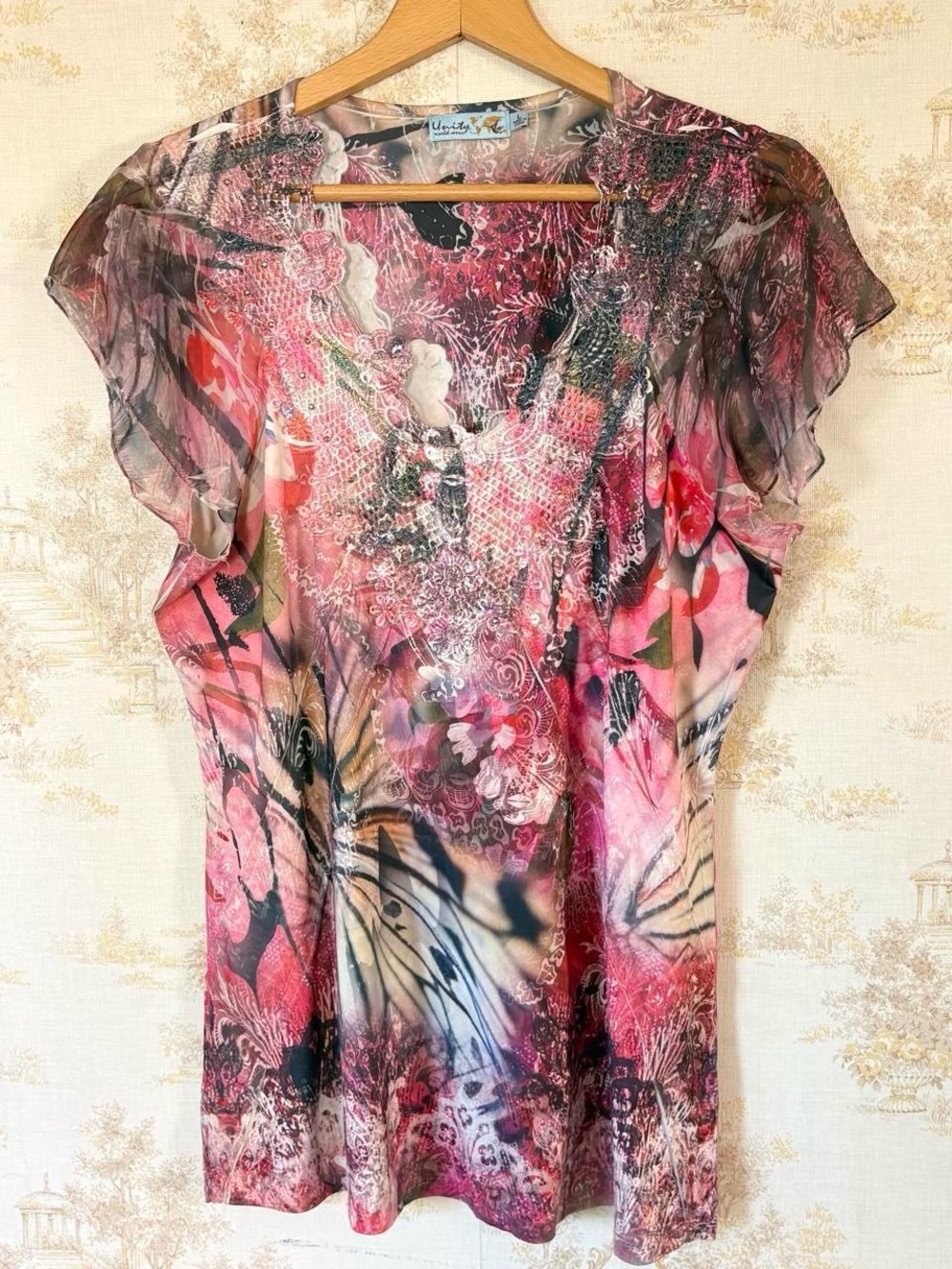 Y2K Unity World Wear Pink Embellished Butterfly Flutter Sleeve Going Out Top L